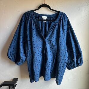 Calypso St.‎ Barth Blue Eyelet Blouse Boho Resortwear Cotton Sz 3X Puff Sleeve
